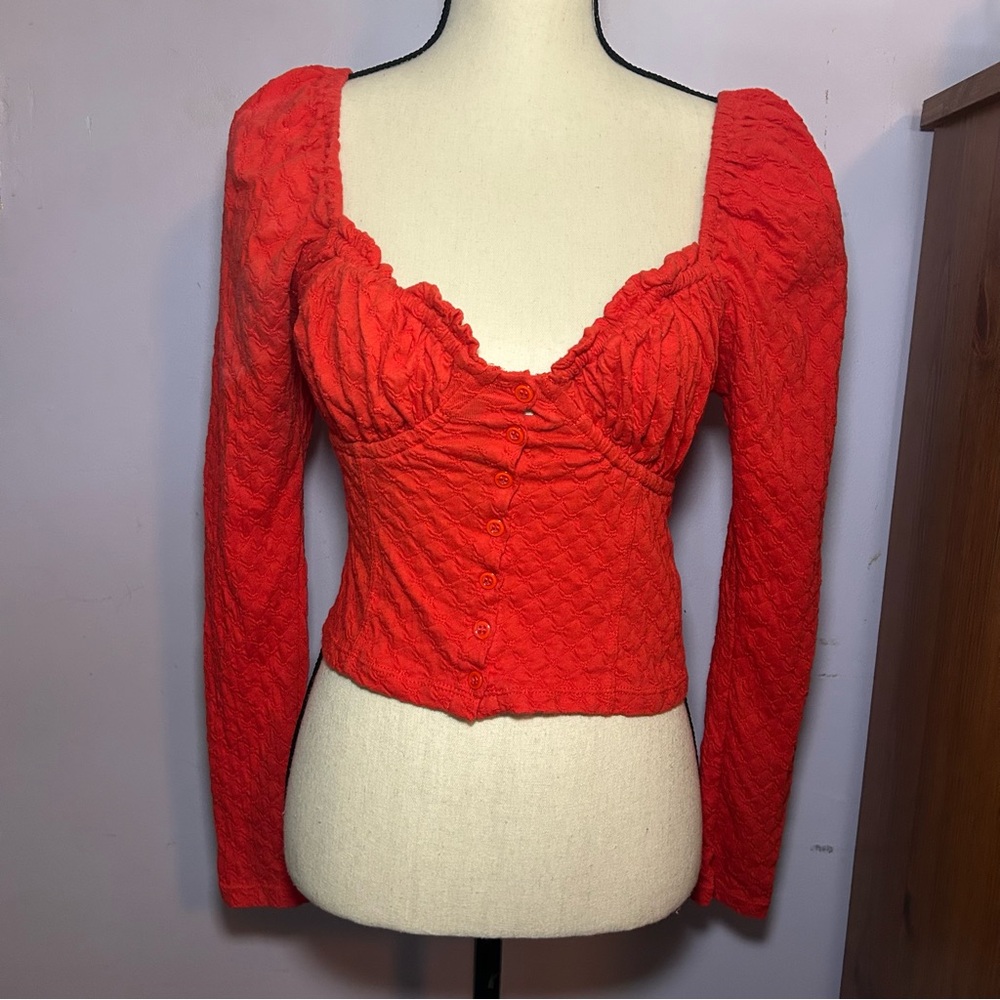 Free People Orange Longsleeve Button Up Crop Top S/P